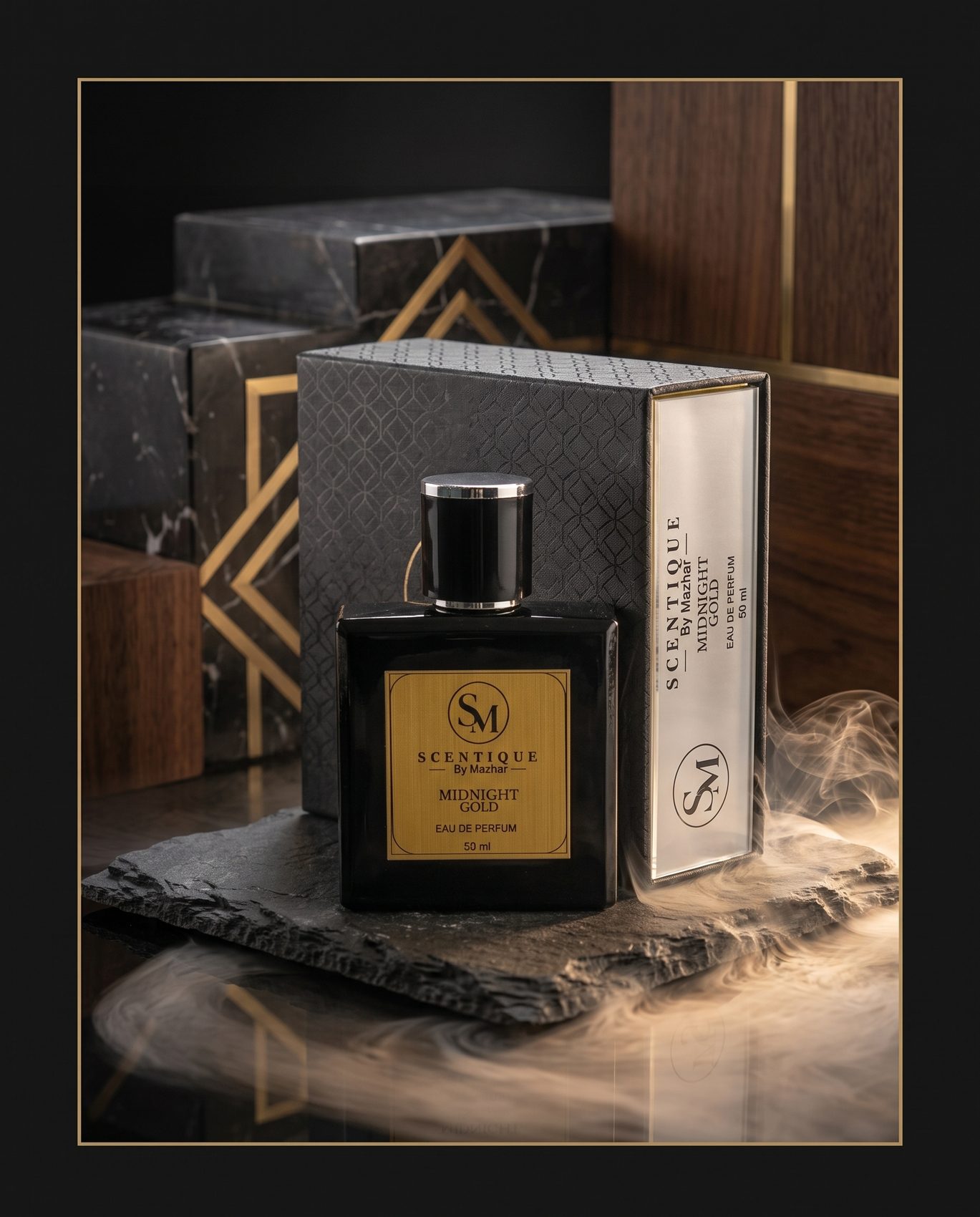 Midnight Gold perfume bottle by Scentique by Mazhar